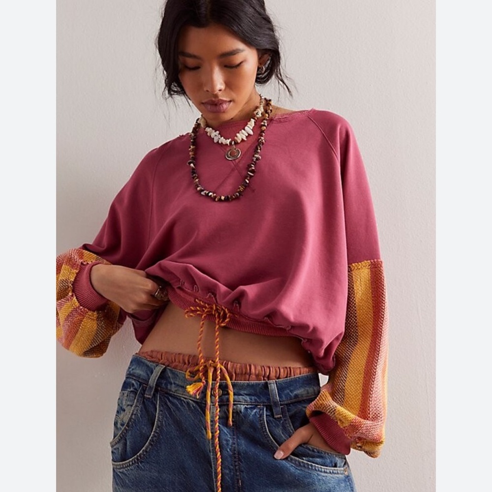 Free People We The Free Stripe Cuff Pullover Red Combo Medium